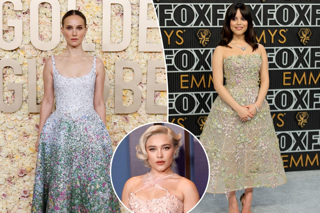 Collage of Natalie Portman, Florence Pugh, and Jenna Ortega attending the Golden Globes, Governors Awards, and Emmys, respectively.