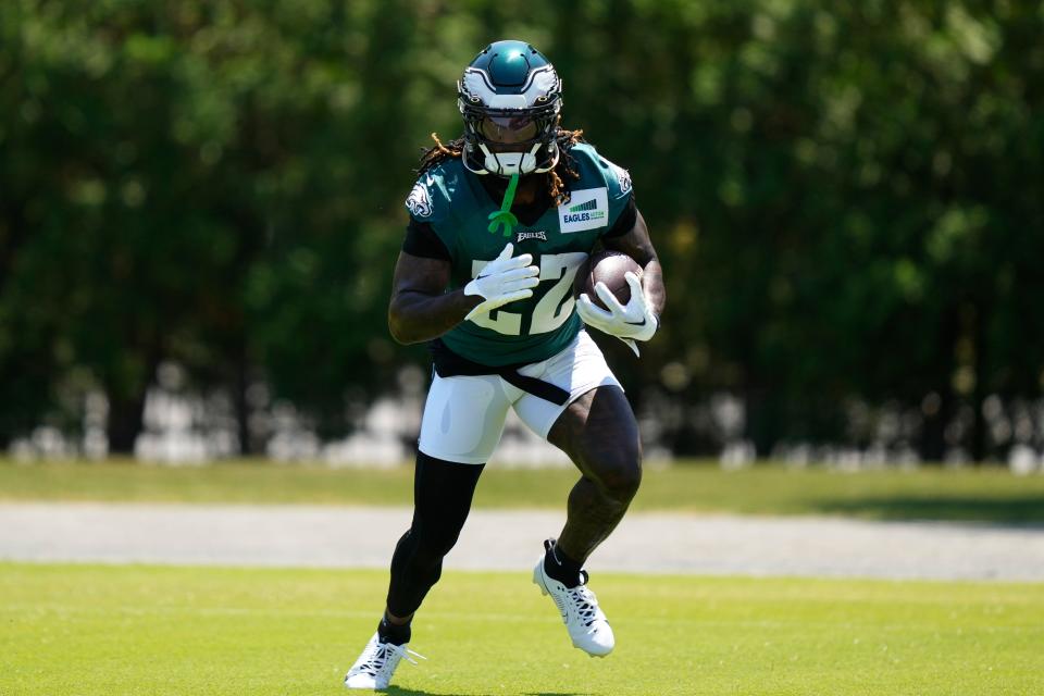 Philadelphia Eagles' Trey Sermon runs a drill during practice at the NFL Football Team's training facility in Philadelphia on Thursday, June 1, 2023.