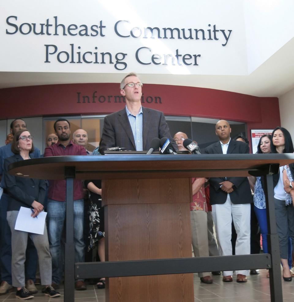 Portland Mayor Ted Wheeler speak at a news conference