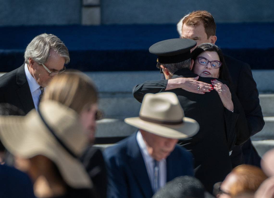 Katherine Feinstein, daughter of Sen. Dianne Feinstein, hugs a well-wisher during the memorial service for her mother at San Francisco City Hall on Thursday, Oct. 5, 2023.