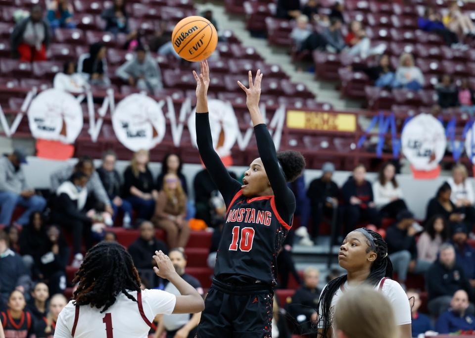 Mustang's Cherish Haywood (10) shoots against Putnam City North during a girls game between Mustang and Putnam City North at Putnam CIty North HS in Oklahoma City.