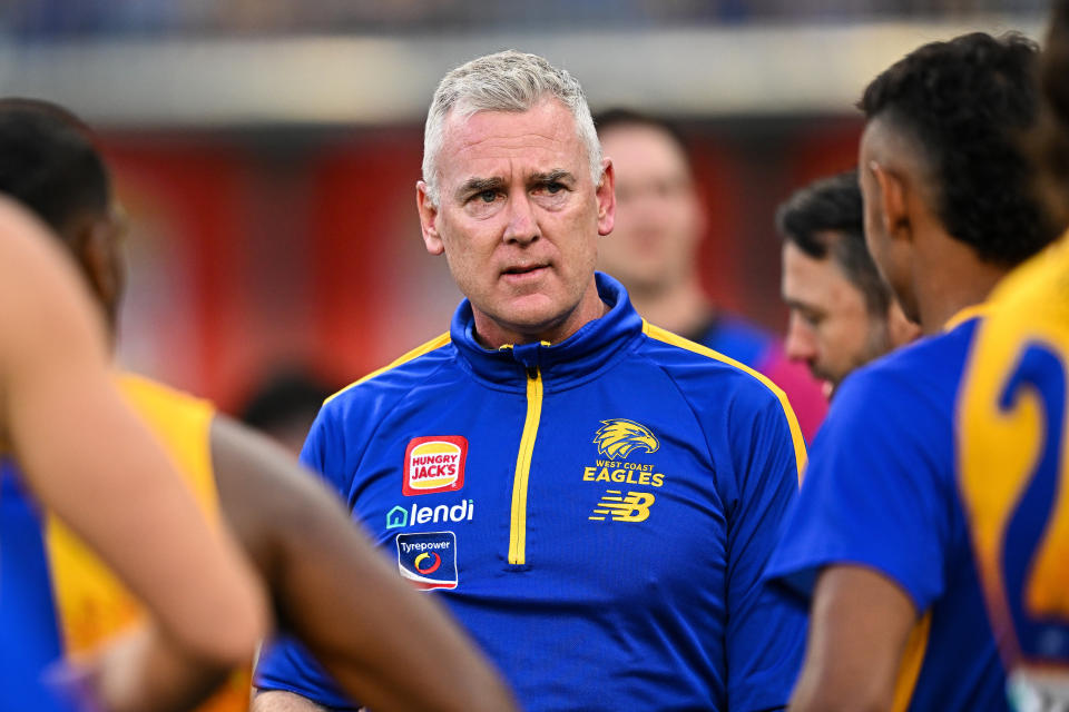 PERTH, AUSTRALIA - MAY 19: Adam Simpson, Senior Coach of the Eagles addresses the players at the break during the 2024 AFL Round 10 match between Waalitj Marawar (West Coast Eagles) and Narrm (Melbourne Demons) at Optus Stadium on May 19, 2024 in Perth, Australia. (Photo by Daniel Carson/AFL Photos via Getty Images)