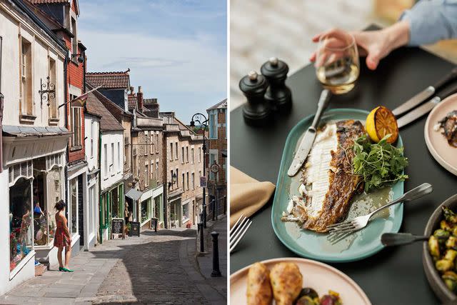 <p>From left: Robin Bush/Getty Images; Courtesy of The Farmyard at the Newt</p> From left: Catherine Hill, a cobblestoned street in the town of Frome, Somerset; fish with lemon and herbs at the Farmyard restaurant at the Newt.