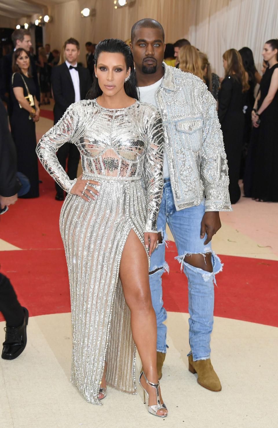 <h1 class="title">Kim Kardashian West in a Balmain dress and Lorraine Schwartz jewelry and Kanye West in Fear of God</h1><cite class="credit">Photo: Getty Images</cite>