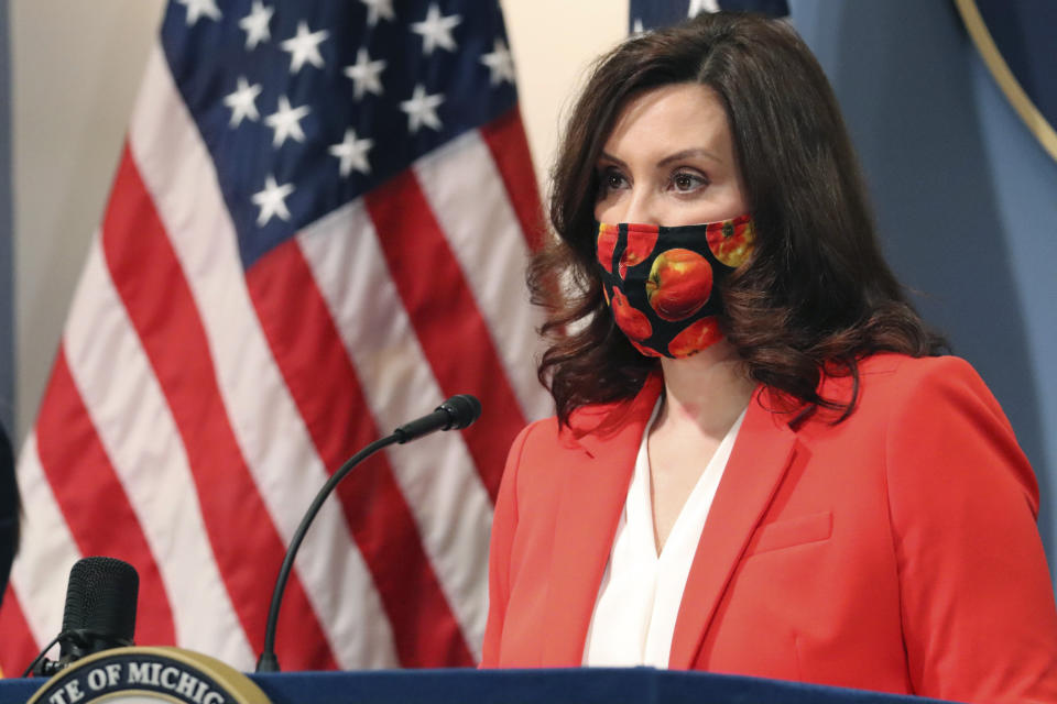 FILE - In this Feb. 24, 2021, file photo provided by the Michigan Office of the Governor, Gov. Gretchen Whitmer addresses the state during a speech in Lansing, Mich. Whitmer faced growing criticism Tuesday, March 2, 2021 after the disclosure of another severance deal for a former top health official, a day after her administration acknowledged that a key leader in the state's response to the coronavirus pandemic was paid $155,000 following his sudden resignation. (Michigan Office of the Governor via AP, File)