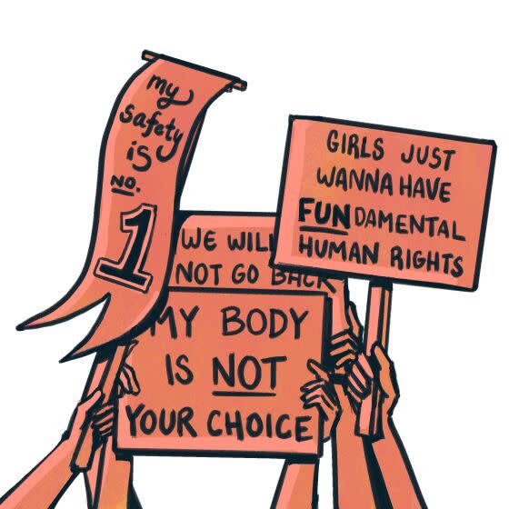 illustration of several hands holding protest signs like "my body is not your choice"