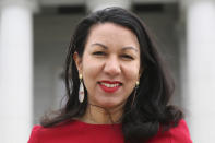 Democratic Vermont State Sen. Kesha Ram Hinsdale, who is seeking her party's nomination in the August primary to run for the U.S. House, poses in front of the Statehouse in Montpelier, on Wednesday, April 20, 2022. Vermont appears poised to end its distinction of being the only state to have never sent a woman or a member of a minority group to Congress. Four women are seeking the Democratic nomination to run for what will be a vacant seat in November. There is one Republican, also a woman, who is seeking her party's nomination. The Vermont primary is Aug. 9. (AP Photo/Wilson Ring)