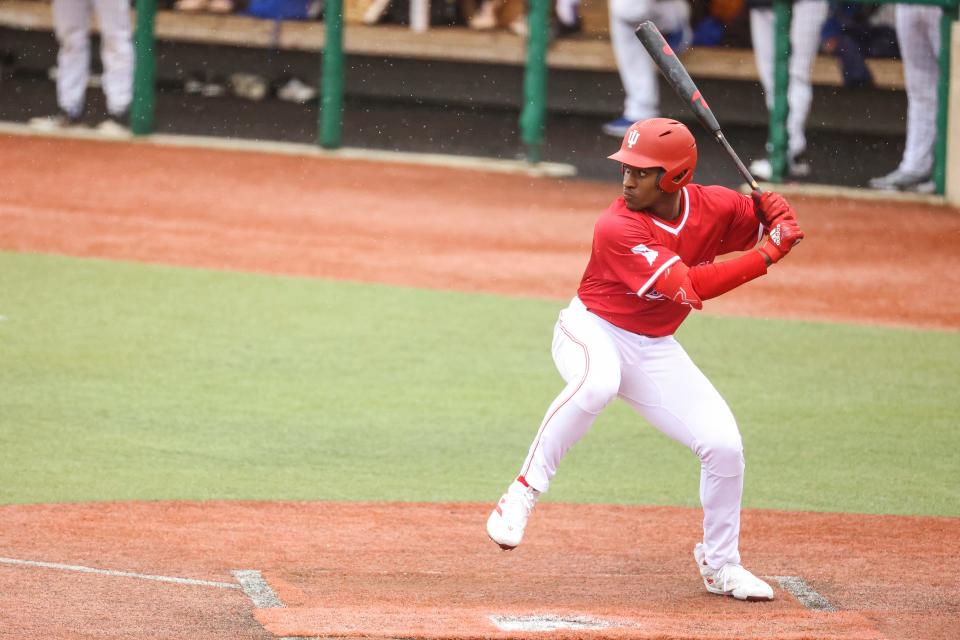 BLOOMINGTON, IN - March 16, 2023 - outfielder Devin Taylor #5 of the Indiana Hoosiers during the game between the Morehead State Eagles and the Indiana Hoosiers at Bart Kaufman Field in Bloomington, IN.