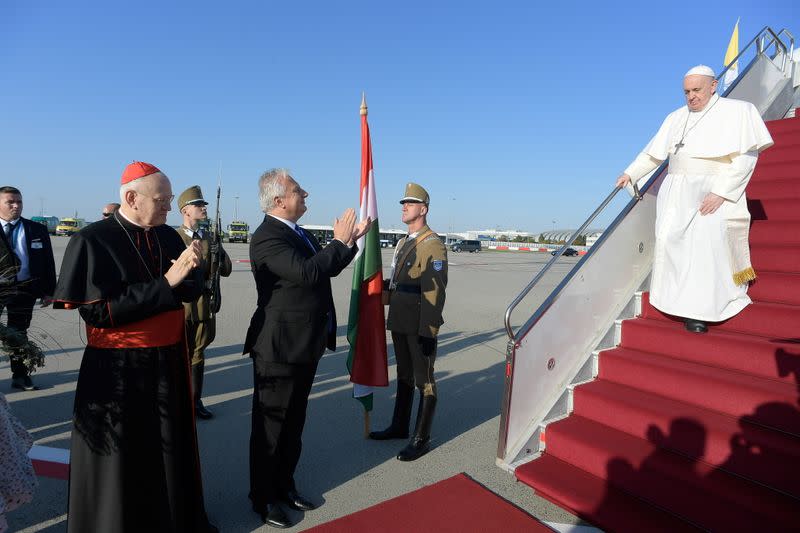 Pope Francis arrives at Budapest International Airport in Budapest