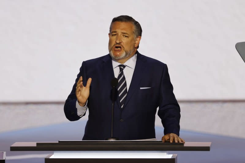 Sen. Ted Cruz, R-Texas, calls for a secure border "to protect the American people," during his speech at the 2024 Republican National Convention at Fiserv Forum in Milwaukee, Wisconsin on Tuesday. Photo by Tannen Maury/UPI