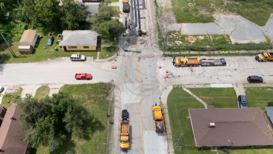 Scene of construction along a bridge on 26th Street in East St. Louis on July 22, 2024. It’s been closed since April after a truck struck supporting trusses. Illinois Department of Transportation officials closed the bridge as a safety precaution, until it can be fixed.