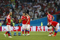<p>Russia player are dejected after their campaign was ended in the quarter finals </p>