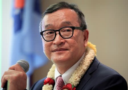 FILE PHOTO: Cambodian opposition leader Sam Rainsy delivers a speech to members of the Cambodia National Rescue Party (CNRP) at a hotel in metro Manila, Philippines June 29, 2016. REUTERS/Romeo Ranoco/File Photo