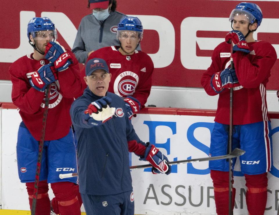 Montreal Canadiens head coach Domenic Ducharme calls out a drill during the first day of on ice training camp for the NHL hockey team Thursday, Sept. 23, 2021, in Brossard, Quebec. (Ryan Remiorz/The Canadian Press via AP)