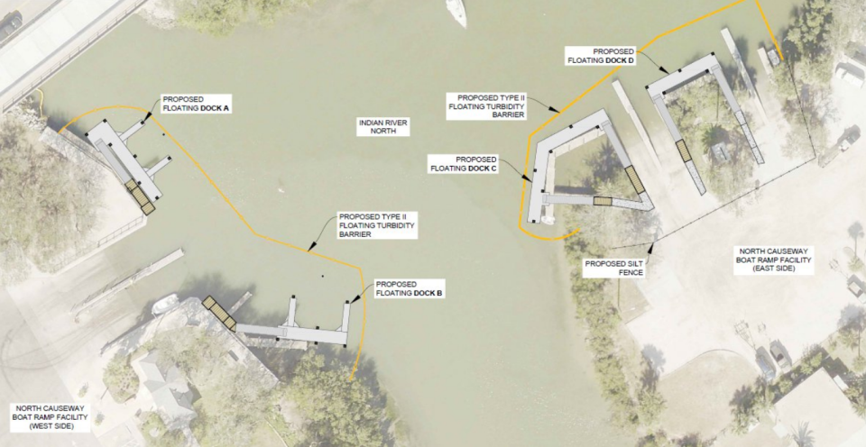 Rendering shows what phase I of the North Causeway boat ramp dock upgrade project will look like with new floating docks replacing the current five fixed finger piers.