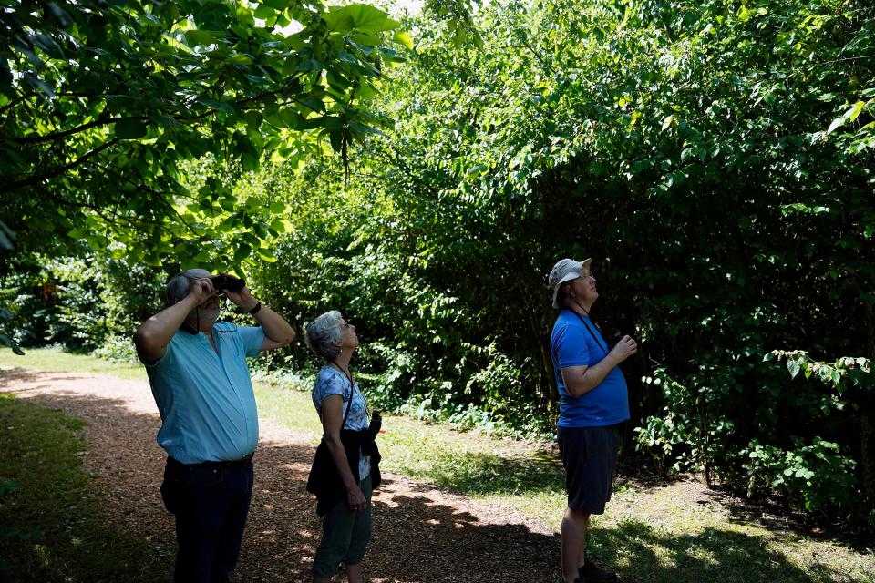 Ed and Michelle Lamprecht, left, along with Mark Schroeder, look for birds during a birdwatching for beginners tour July 2 at Scioto Audubon Metro Park in Columbus.