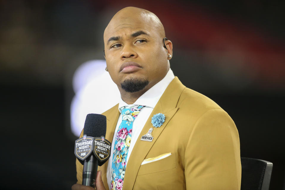 Nov 18, 2021; Atlanta, Georgia, USA; NFL analyst Steve Smith before a game between the New England Patriots and Atlanta Falcons in the first quarter at Mercedes-Benz Stadium. Mandatory Credit: Brett Davis-USA TODAY Sports