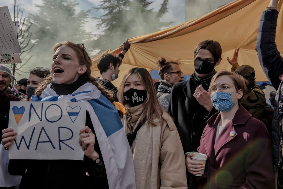 An antiwar demonstration outside the Russian embassy in Tbilisi on March 12. Russia invaded Georgia in 2008. To many Georgians, that means the country should stand unequivocally with Ukraine.<span class="copyright">Laetitia Vancon—The New York Times/Redux</span>