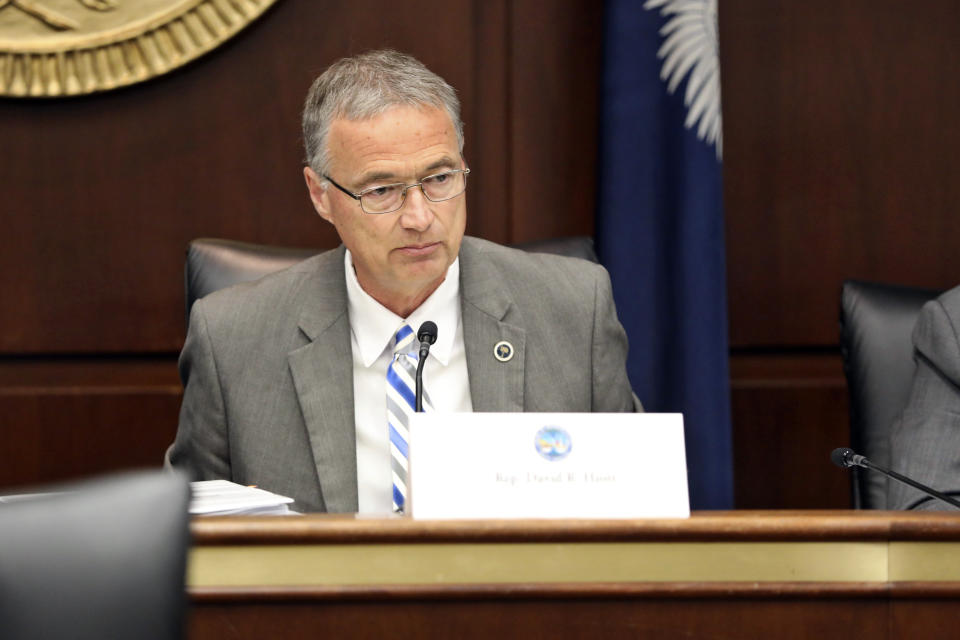 South Carolina House Majority Leader David Hiott, R-Pickens, speaks during a meeting of a special House committee looking at a stricter abortion law in the state on Tuesday, July 19, 2022, in Columbia, S.C. (AP Photo/Jeffrey Collins)