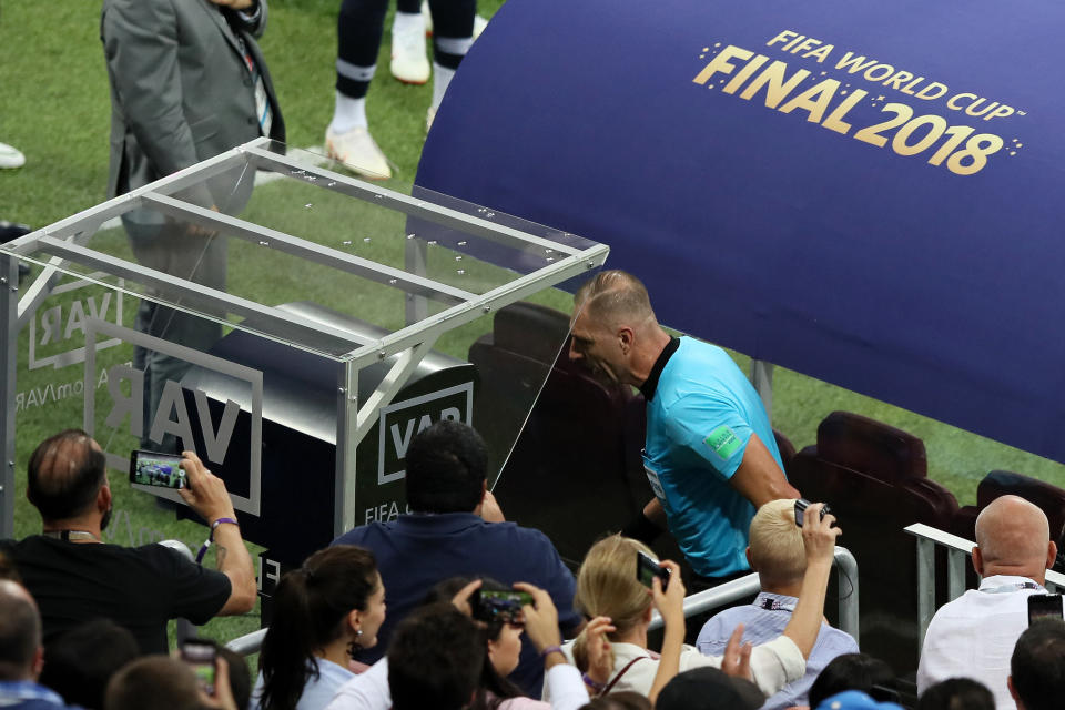 VAR in use during the 2018 FIFA World Cup Final between France and Croatia at Luzhniki Stadium on July 15, 2018 in Moscow, Russia.