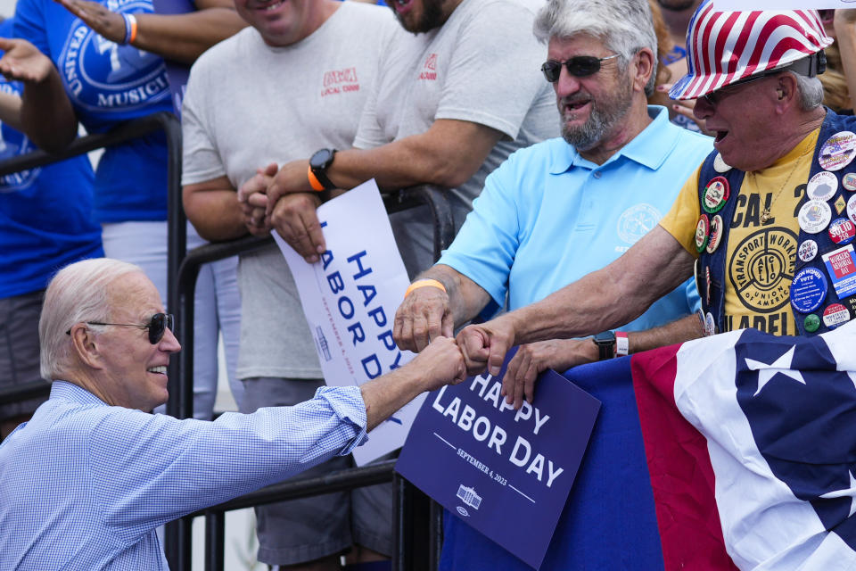 FILE - President Joe Biden greets people as he arrives to speak during a Labor Day event at the Sheet Metal Workers Local 19, in Philadelphia, Sept. 4, 2023.Despite a successful off-year election for Democrats, there remains a persistent fear within the party that there is a serious disconnect between the popularity of President Joe Biden's agenda and the man himself. (AP Photo/Matt Rourke, File)