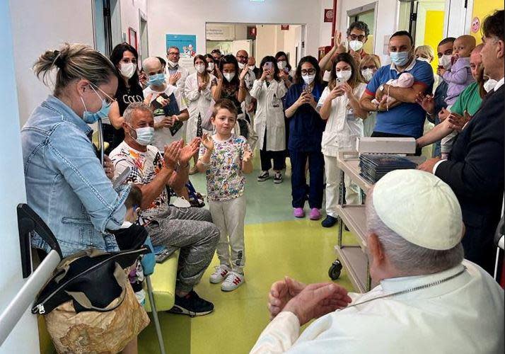 Pope Francis  visits children and their families at the paediatric oncology department of the Gemelli  hospital in Rome, Italy, June 15, 2023. / Credit: Vatican Media/Handout