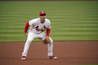 St. Louis Cardinals third baseman Nolan Arenado takes up his position during the first inning of a baseball game against the Colorado Rockies Friday, May 7, 2021, in St. Louis. (AP Photo/Jeff Roberson)