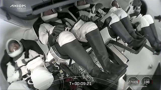 The Ax-2 crew enjoys their initial moments in weightlessness after a nine-minute climb to orbit. / Credit: SpaceX