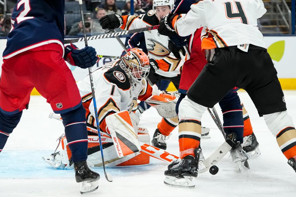 Oct 24, 2023; Columbus, Ohio, USA; Anaheim Ducks goaltender Lukas Dostal (1) makes a save during the third period of the NHL game against the Columbus Blue Jackets at Nationwide Arena. The Blue Jackets lost 3-2 (OT).
