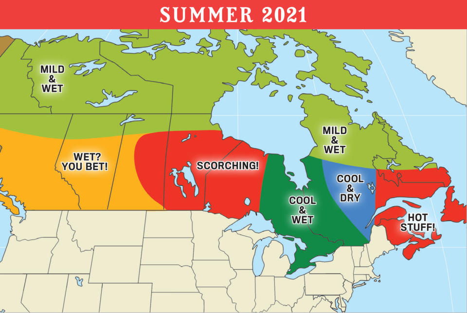 Summer 2021 weather map for Canada (Old Farmer’s Almanac)