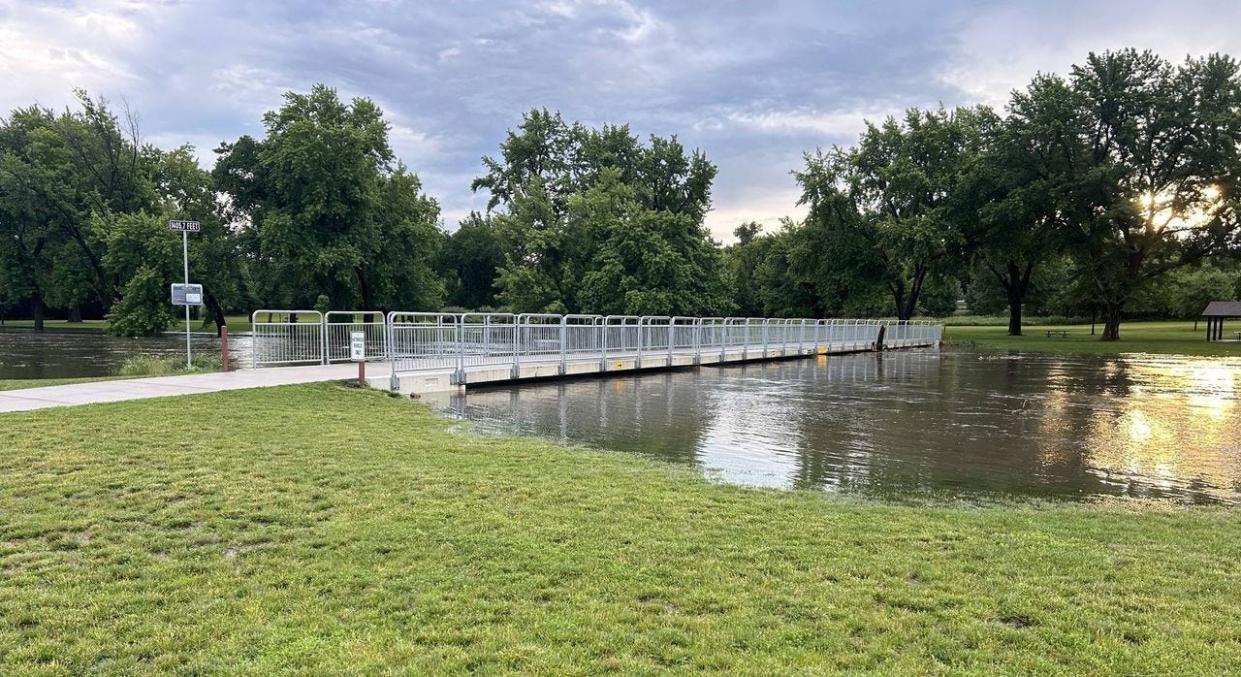 An image from Sioux Falls Parks and Recreation Department shows water levels near even with the bridge Friday, June 21, 2024, at Rotary Park near 26th Street and Interstate 229.