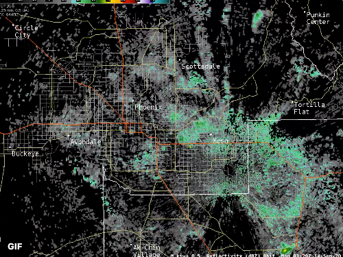 A still of a green mass over a map of Phoenix on a radar picked up by the National Weather Service.