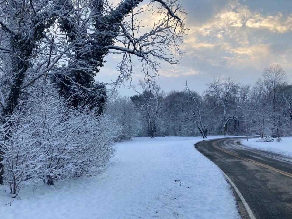 Clearing skies on Friday morning along the greenbelt on Snowball Drive in the Gates section of Levittown. About five inches of snow fell overnight in Lower Bucks County.