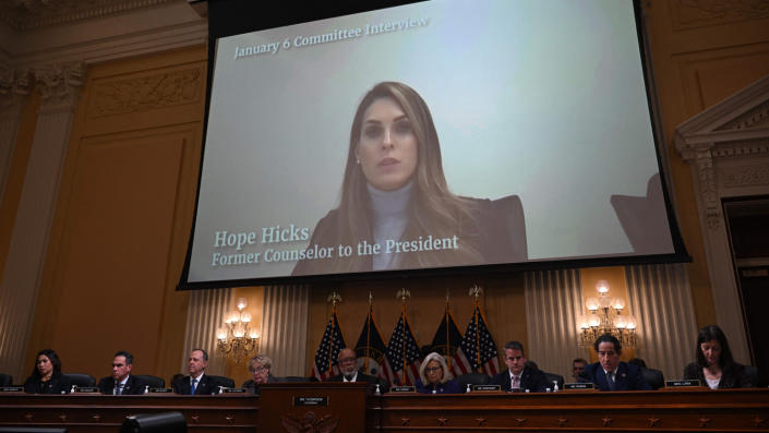 Hope Hicks is seen onscreen during the Jan. 6 committee&#39;s final hearing on Monday, Dec. 19, 2022.