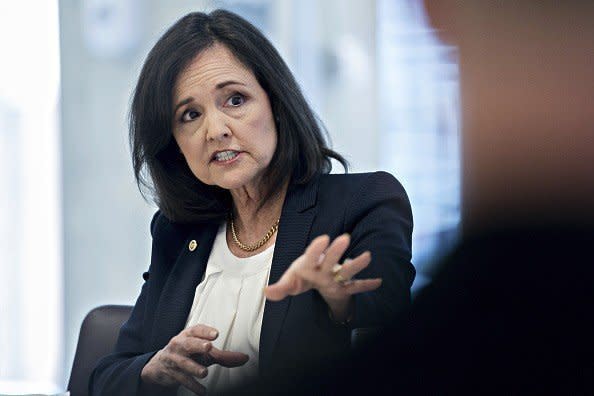 Judy Shelton, U.S. executive director for the European Bank for Reconstruction and Development, speaks during an interview in Washington, D.C., U.S., on Wednesday, May 29, 2019. Shelton, a conservative economist whom the Trump administration is considering for a vacancy on the Federal Reserve, said the central bank should avoid restraining growth while the U.S. is engaged in a trade war with China. Photographer: Andrew Harrer/Bloomberg via Getty Images