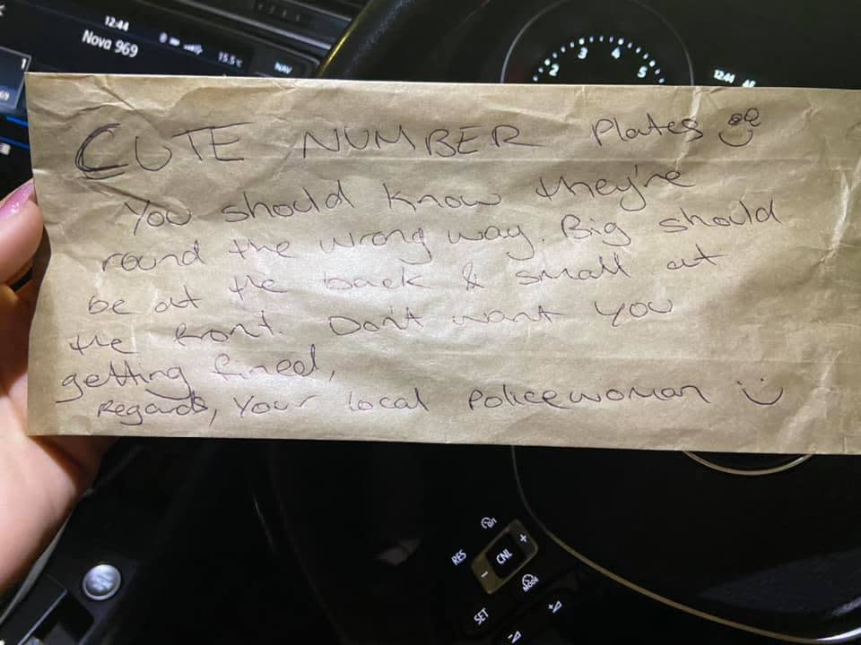 This kind note was left attached to Tamara Gordon's car at the Miranda Westfield. Source: Supplied