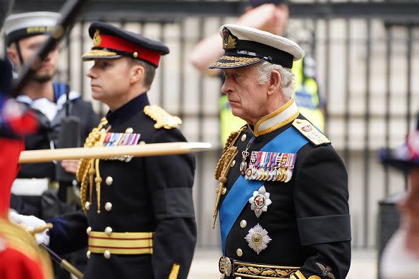 LONDON, ENGLAND - SEPTEMBER 19: King Charles III takes part in the state funeral of Queen Elizabeth II at Westminster Abbey on September 19, 2022 in London, England. Members of the public are able to pay respects to Her Majesty Queen Elizabeth II for 23 hours a day from 17:00 on September 18, 2022 until 06:30 on September 19, 2022. Queen Elizabeth II died at Balmoral Castle in Scotland on September 8, 2022, and is succeeded by her eldest son, King Charles III. (Photo by James Manning- WPA Pool/Getty Images)