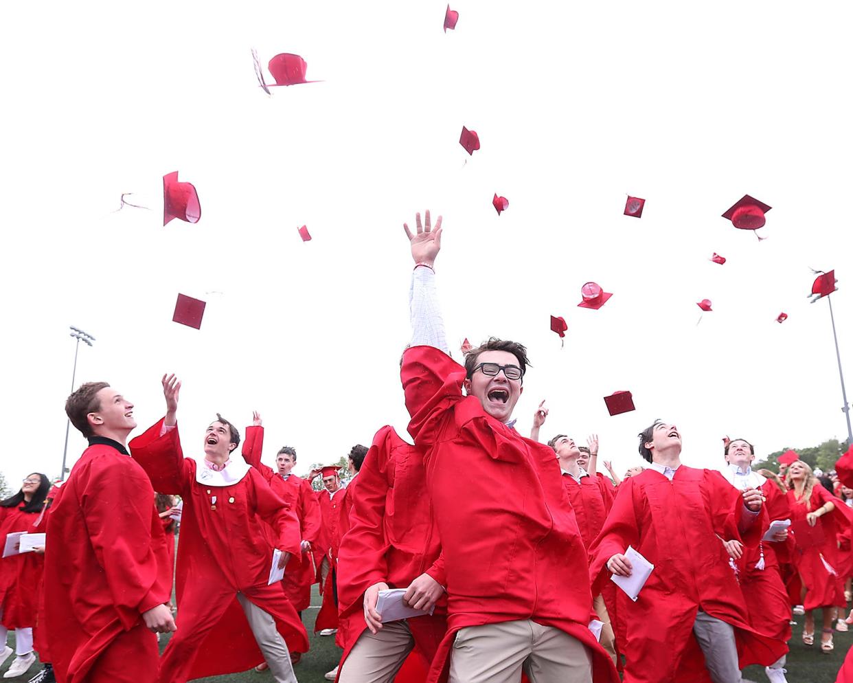 Class President Calvin Larson leads his classmates in celebration after Hingham High’s graduation ceremony for the Class of 2023 on Saturday, June 3, 2023.