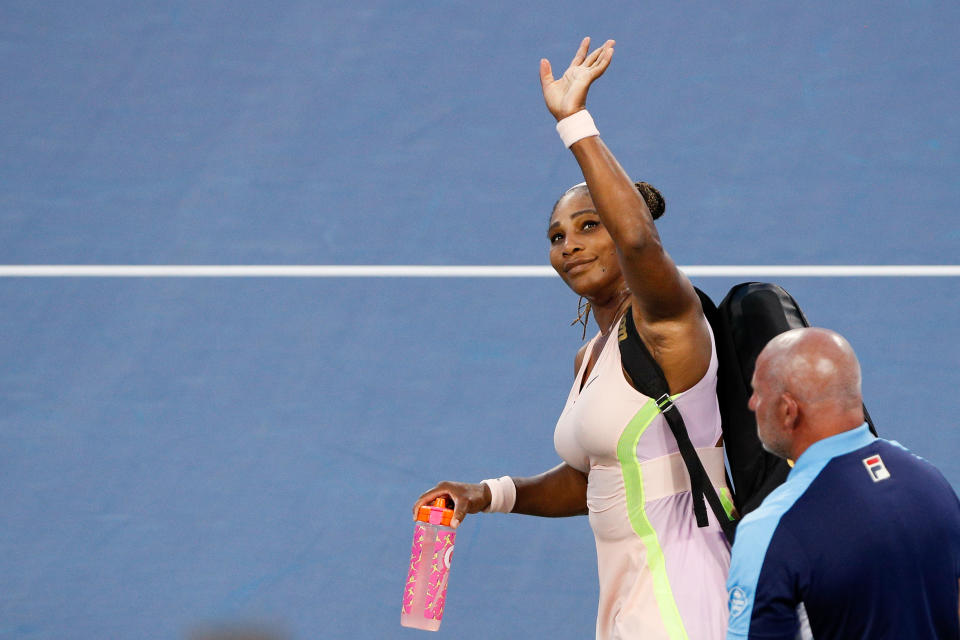 CINCINNATI, OH - AUGUST 16: Serena Williams of the United States waves to the fans after losing to Emma Raducanu of Great Britain 6-4, 6-0 during the first round of the Western & Southern Open on August 16, 2022, at the Lindner Family Tennis Center in Mason, OH. (Photo by Ian Johnson/Icon Sportswire via Getty Images)