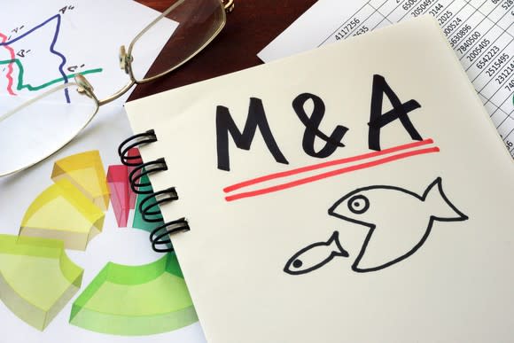 A notepad with M&A and a big fish eating a small fish drawn.