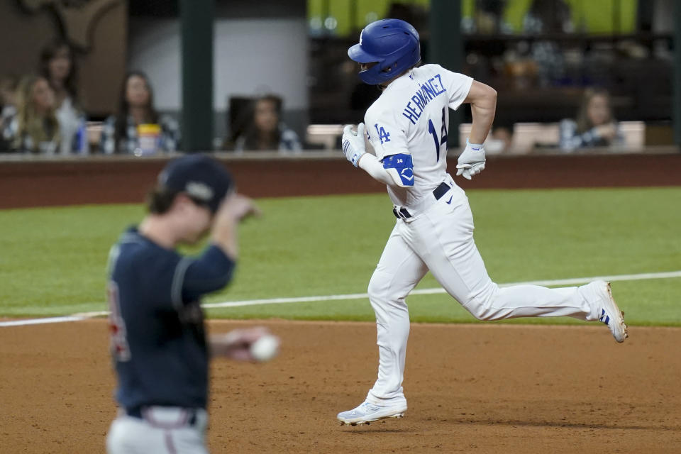 Los Angeles Dodgers' Enrique Hernandez rounds the bases after home run off Atlanta Braves starting pitcher Max Fried during the fifth inning in Game 1 of a baseball National League Championship Series Monday, Oct. 12, 2020, in Arlington, Texas. (AP Photo/Eric Gay)
