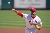 St. Louis Cardinals starting pitcher Adam Wainwright throws during the first inning of a baseball game against the Washington Nationals Wednesday, April 14, 2021, in St. Louis. (AP Photo/Jeff Roberson)