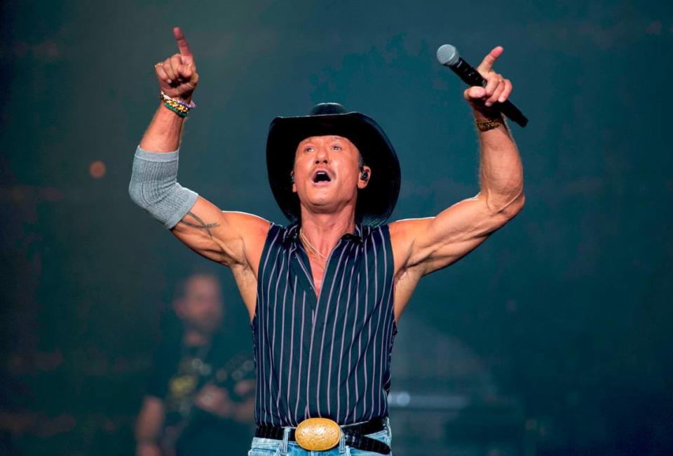 Tim McGraw acknowledges the crowd as he brings his “Standing Room Only Tour” to Raleigh, N.C.’s PNC Arena, Saturday, June 22, 2024.