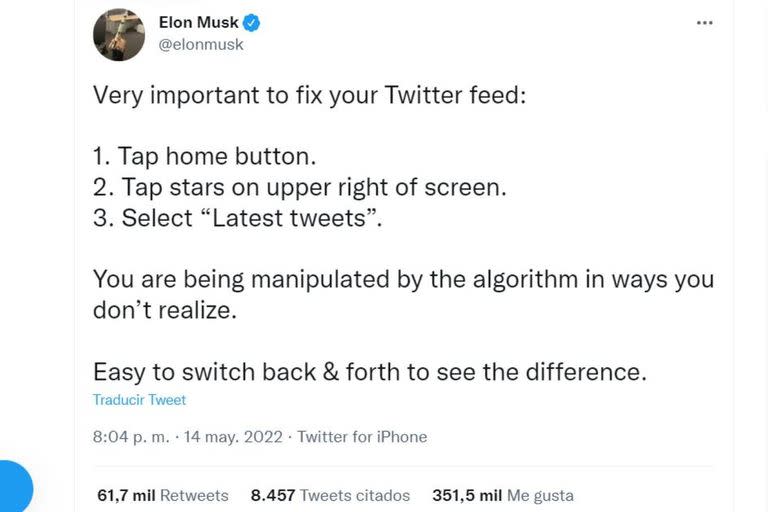 El instuctivo en tres pasos de Elon Musk para que los tuits en el feed aparezcan por orden temporal y no por "los más destacados"