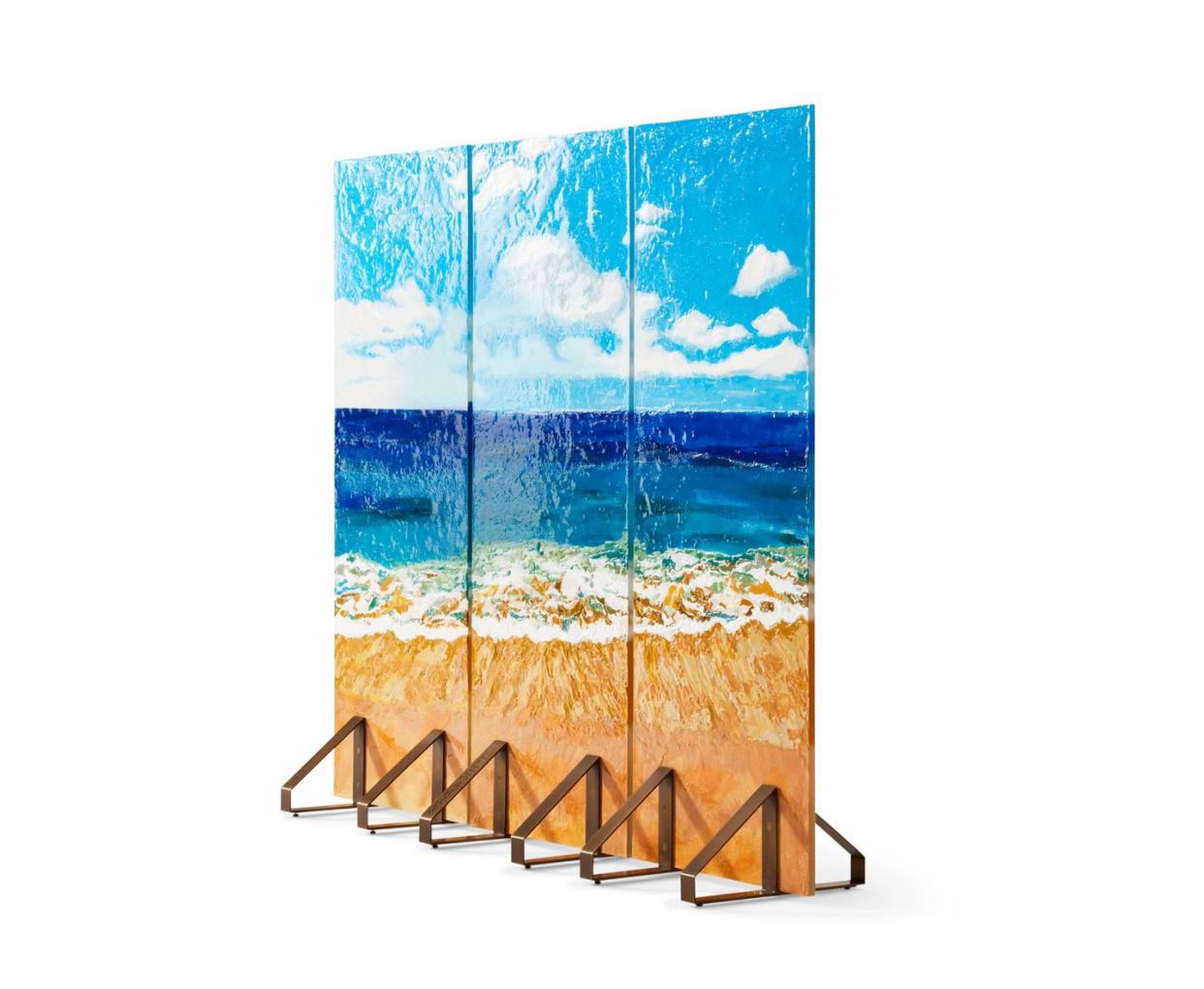 three panel screen painted to look like the beach