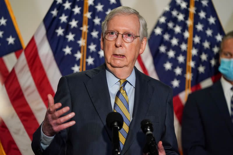 Senate Majority Leader Mitch McConnell (R-KY) speaks to the media in Washington