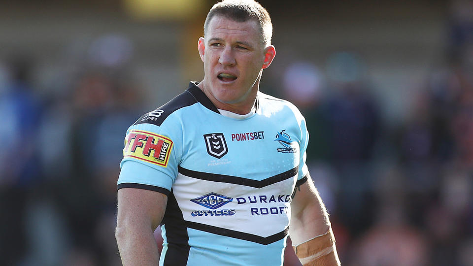 Paul Gallen is pictured playing for the Cronulla Sharks in 2019.