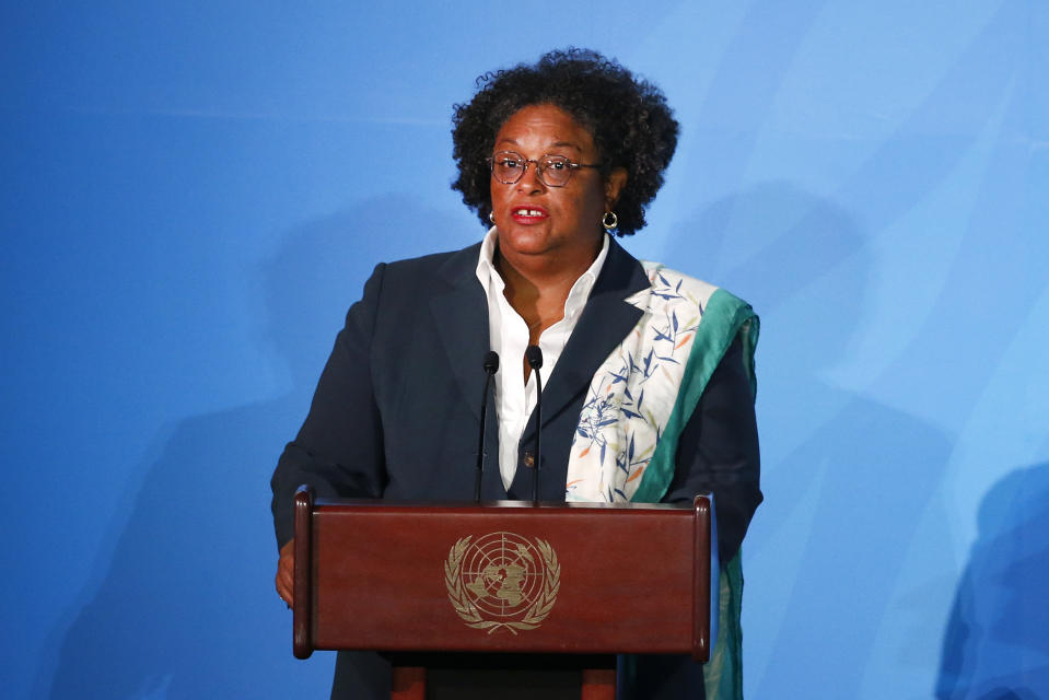 Barbados' Prime Minister Mia Amor Mottley addresses the Climate Action Summit in the United Nations General Assembly, at U.N. headquarters, Monday, Sept. 23, 2019. (AP Photo/Jason DeCrow)