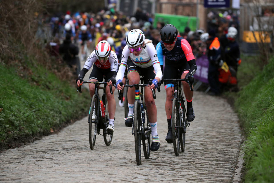 OUDENAARDE BELGIUM  APRIL 02 Annemiek Van Vleuten of The Netherlands and Movistar Team competes during the 20th Ronde van Vlaanderen  Tour des Flandres 2023 Womens Elite a 1566km one day race from Oudenaarde to Oudenaarde  UCIWWT  on April 02 2023 in Oudenaarde Belgium Photo by Eloise Mavian  PoolGetty Images