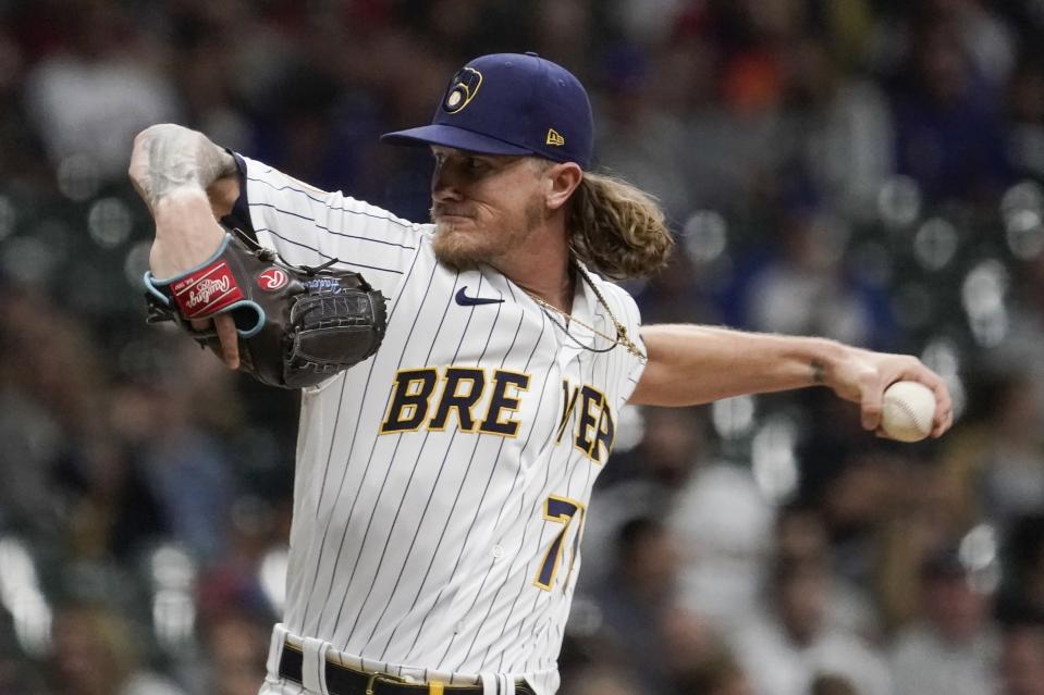 Milwaukee Brewers relief pitcher Josh Hader throws during the ninth inning of a baseball game against the Chicago Cubs Saturday, Sept. 18, 2021, in Milwaukee. (AP Photo/Morry Gash)